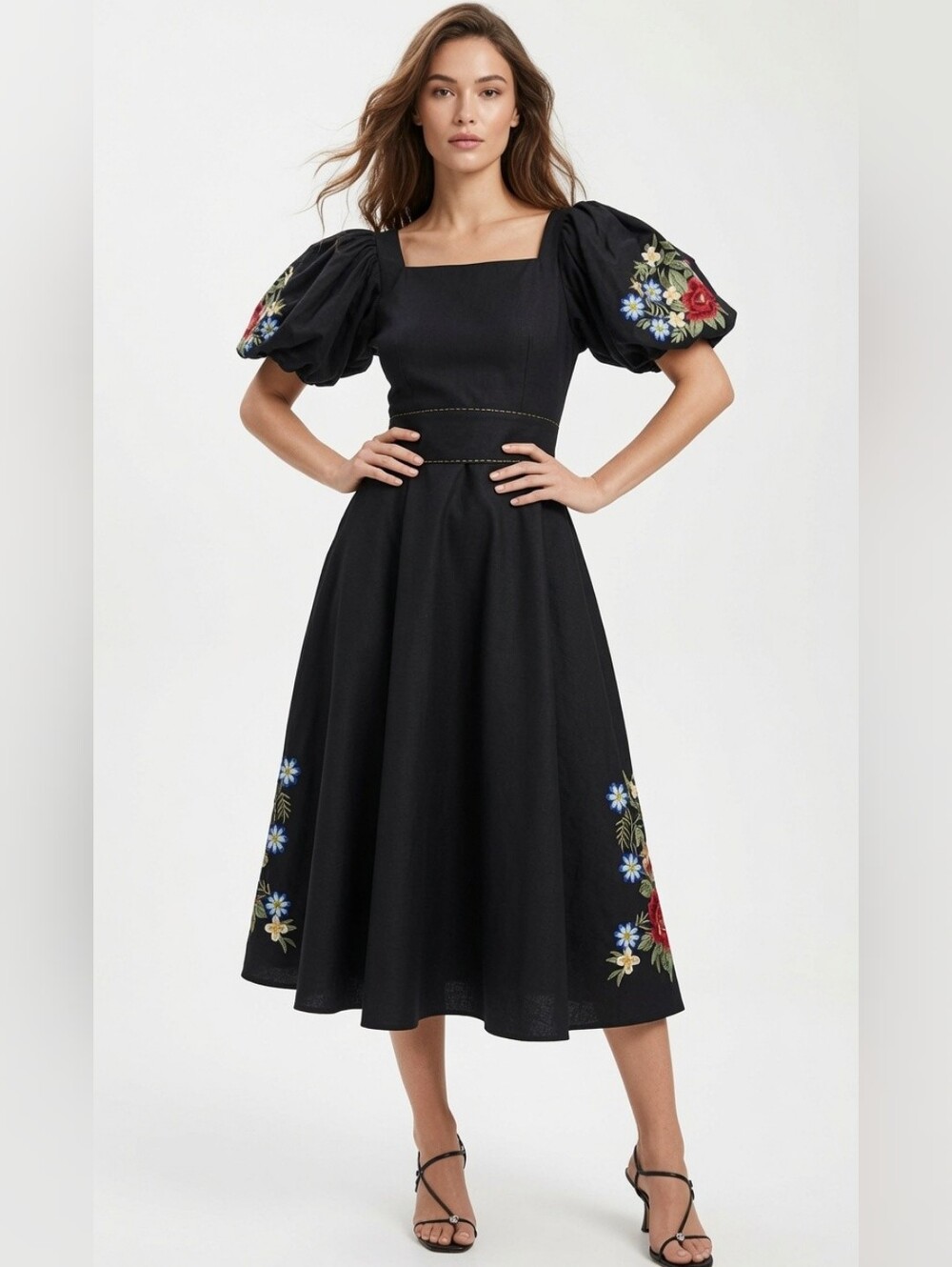 Fanm Mon Black Ruffled Midi Dress with Puff Sleeves